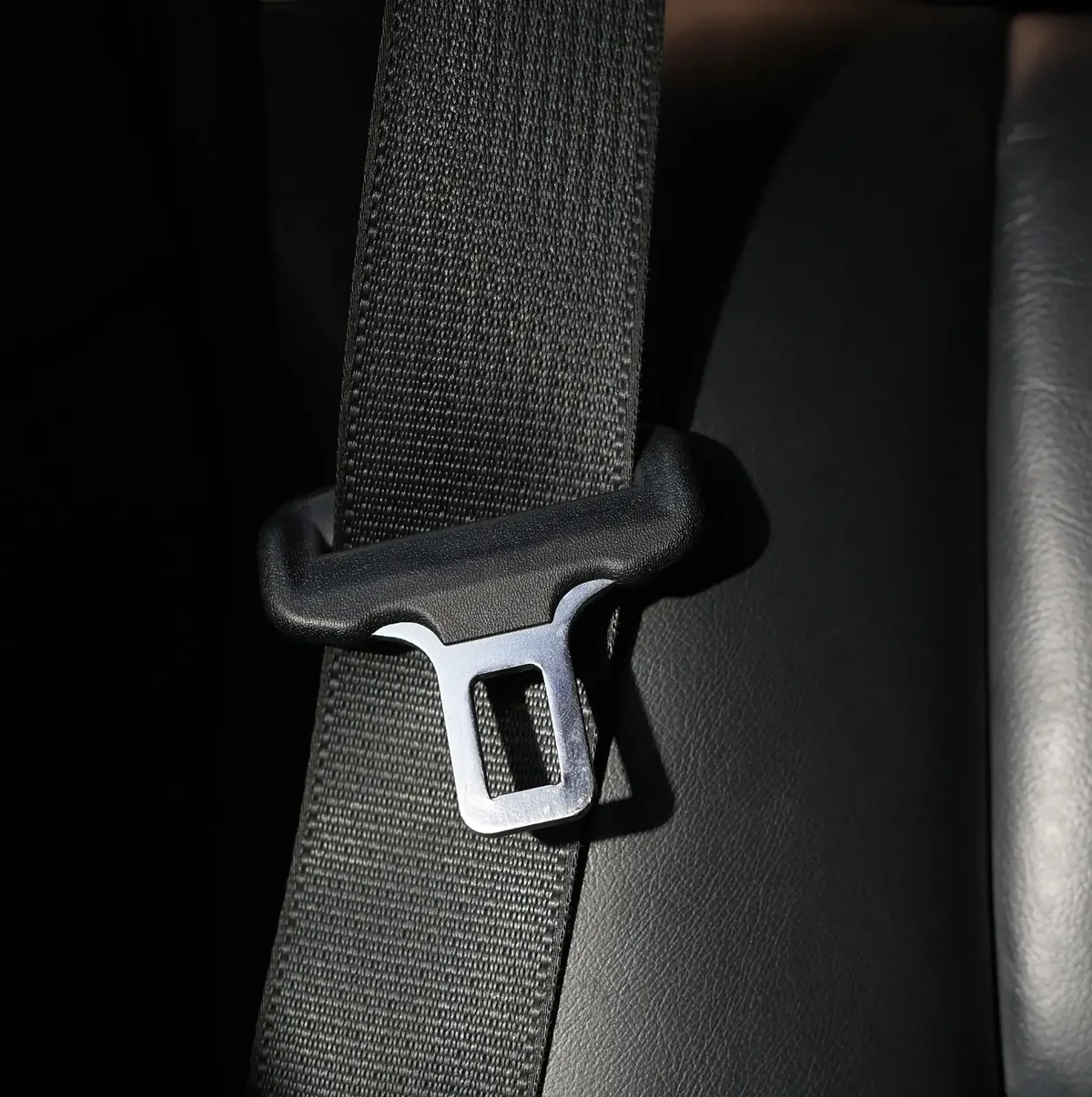 Close detail of black seat belt webbing and metal latch plate hardware
